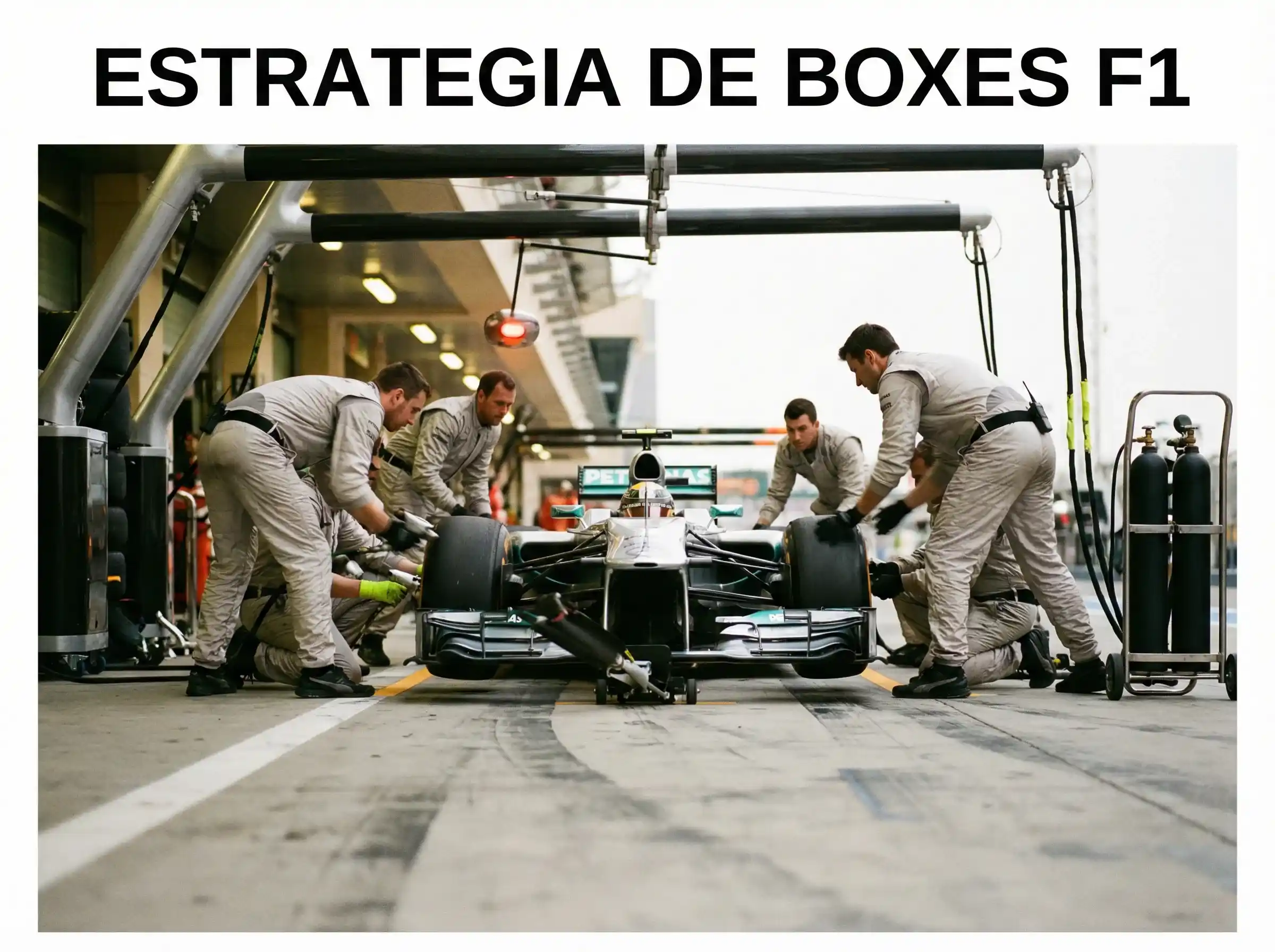 Equipo de mecánicos realizando parada en boxes durante carrera de Fórmula 1