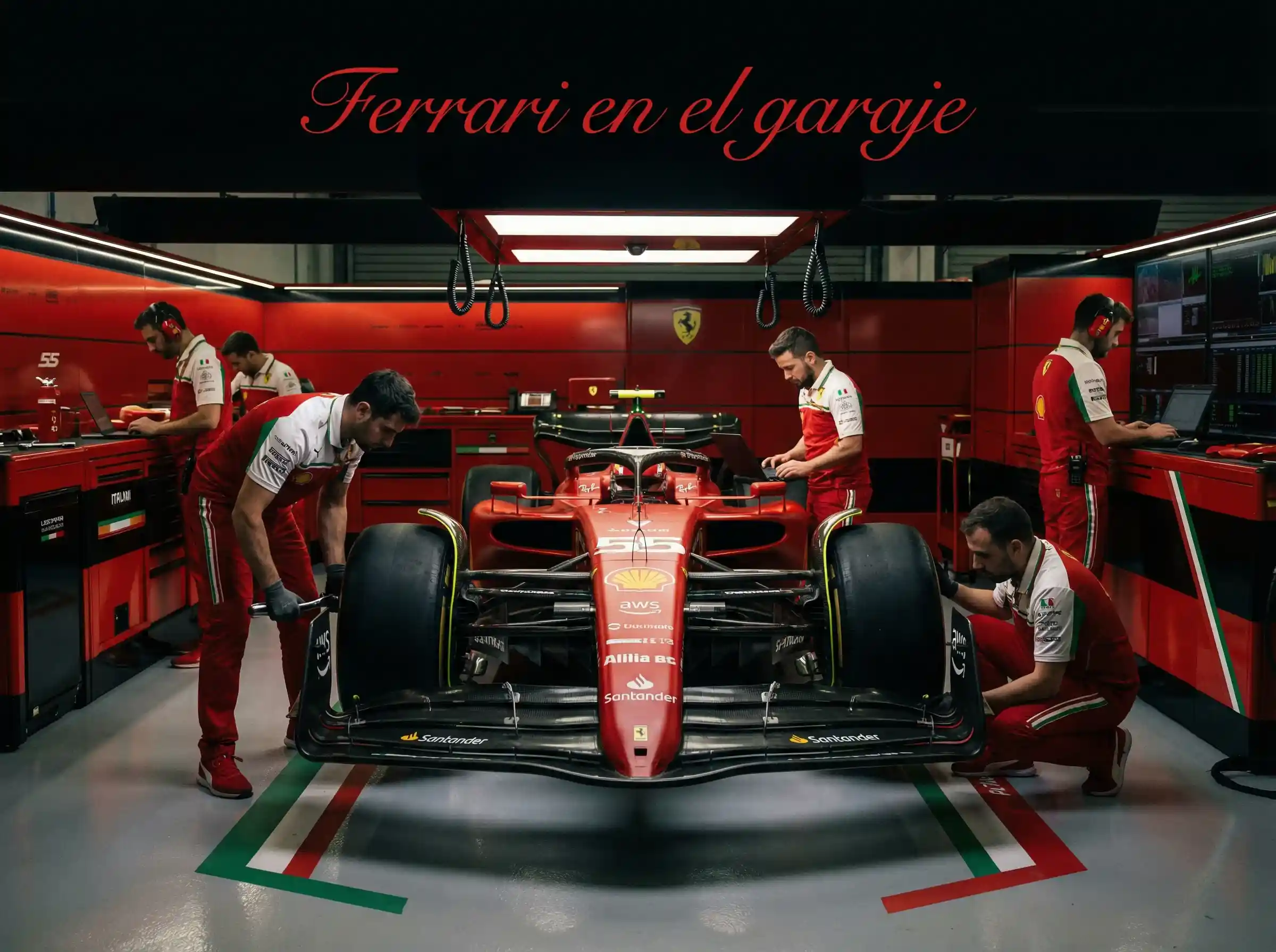 Monoplaza Ferrari de Fórmula 1 en el garaje con mecánicos del equipo