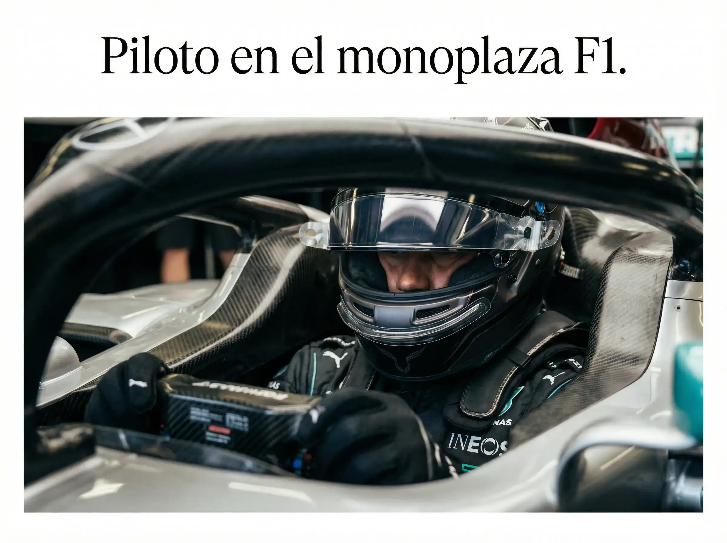 Piloto de Fórmula 1 preparándose en su monoplaza antes de la salida del Gran Premio